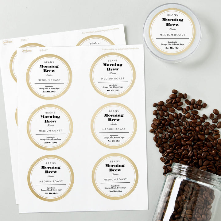 Avery Matte White Labels with Metallic Gold Borders, 3" Round Labels, 60 Total, Laser/Inkjet Printable Labels (6544)