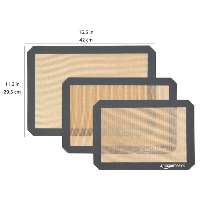 Basics Rectangular Silicone, Non-Stick, Food Safe Baking Mat, Pack of 3, Beige/Gray, 16.5" x 11.6" 3-Pack Baking Mats