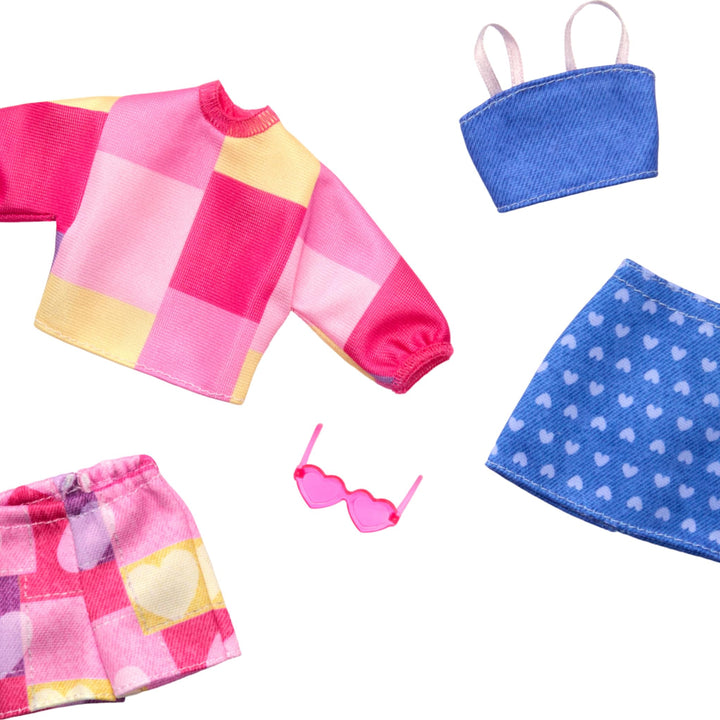 Barbie Fashions 2-Pack Clothing Set, 2 Outfits Doll Include Pink & Blue Inspired Skirt, Shorts, 2 Tops & 2 Accessories