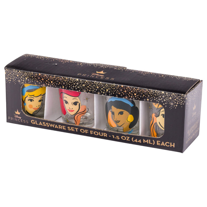 Silver Buffalo Disney Princess Abstract Faces Sparkle 4-Pack Mini Glass Set, 1.5 Ounces