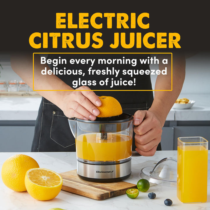 Elite Gourmet ETS623 BPA-Free Electric Citrus Juicer, Compact, Large Volume, Pulp Control, Oranges, Lemons, Limes, Grapefruits with Easy Pour Spout, 24oz, Black/Stainless Steel Stainless Steel