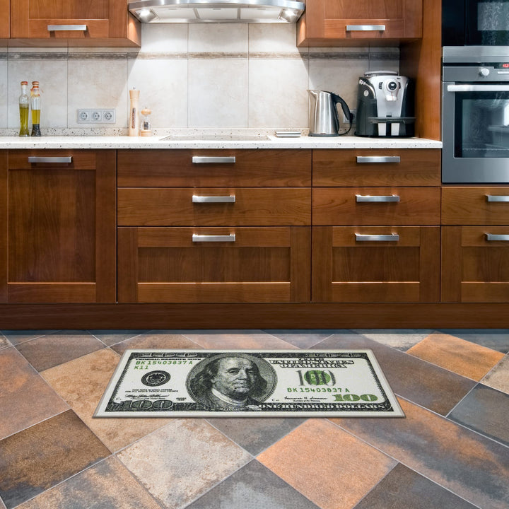 Machine Washable $100 Bill Design Non-Slip Rubberback 17x43 Modern Runner Rug for Hallway, Kitchen, Bedroom, 17" x 43", Green/Multicolor Money Old $100 Runner - 17" x 43"