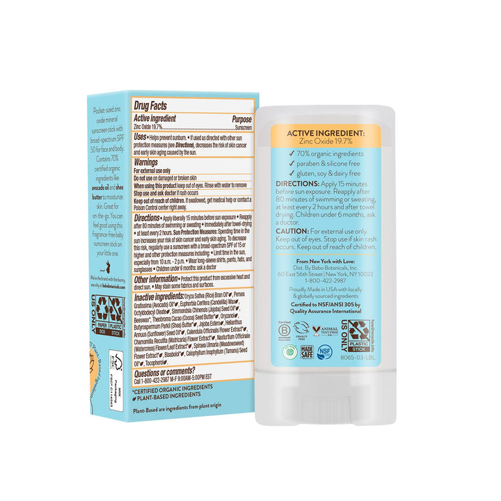 Babo Botanicals Sensitive Baby Mineral Sunscreen Stick SPF 50-70% Organic Ingredients - Zinc Oxide - NSF & Made Safe Certified - EWG Verified - Water Resistant - Fragrance-Free - for Babies & Kids 0.6 Ounce (Pack of 1)