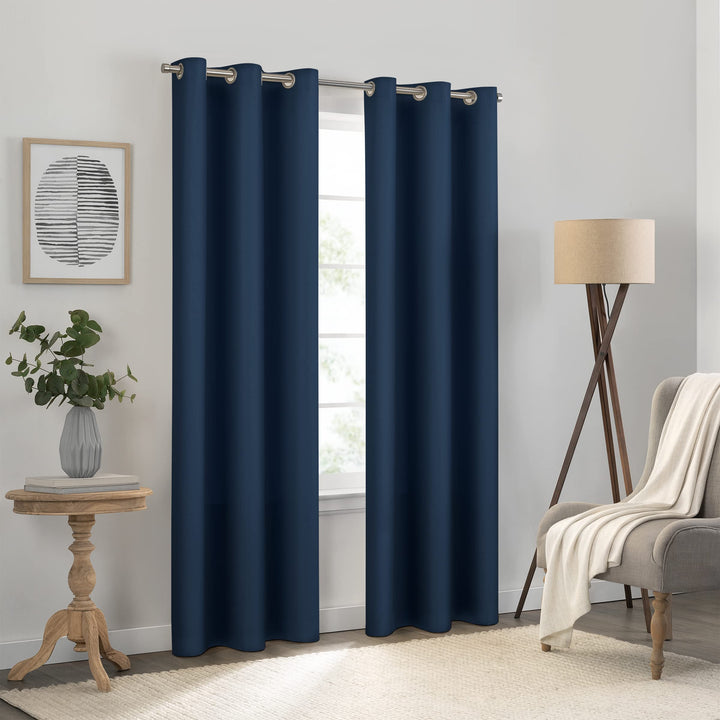 Eclipse Kendall Solid Textured Blackout Thermal Insulated Lining Grommet Window Curtain for Bedroom (1 Panel), 42 in x 84 in, Denim 42 X 84