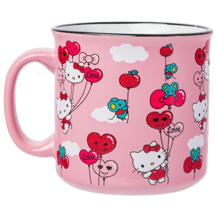 Silver Buffalo Sanrio Hello Kitty Red and Pink Heart, Bow, and Apple Balloons Glitter Pattern Featuring Joey the Mouse Ceramic Camper Mug, 20 Ounces Heart and Bow Balloons