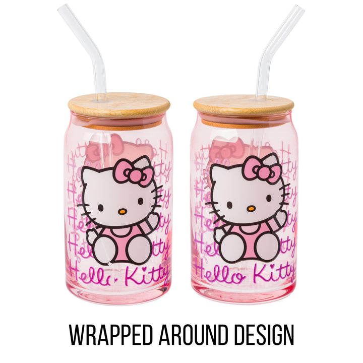 Silver Buffalo Sanrio Hello Kitty Glass Tumbler with Bamboo Lid and Glass Straw, 16 Ounces Multicolor