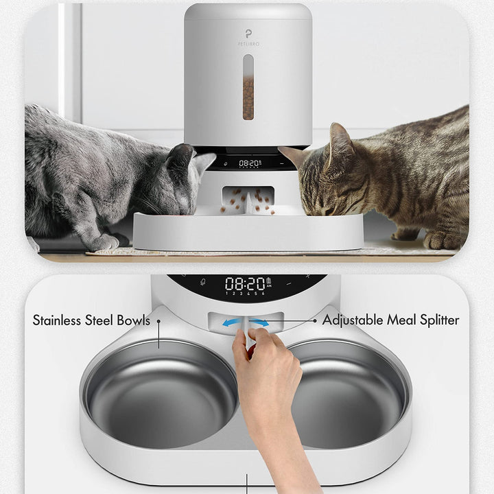 Pet Food Splitter with Stainless Steel Bowls, Automatic Cat Feeder Bowls for Two Cats or Dogs, Suitable for PETLIBRO Automatic Cat Feeder PLAF005, PLAF006, PLAF103, PLAF203, White