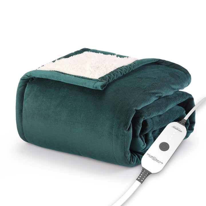 Sunbeam Quilted Royal Posh Velvet Reverse Sherpa Heated Throw Electric Blanket, 50" x 60", 4 Heat Settings, 4-Hour Auto Shut-Off, Warming Cozy Throw for Couch, Sofa or Bed, Machine Washable, Olive Olive Quilted