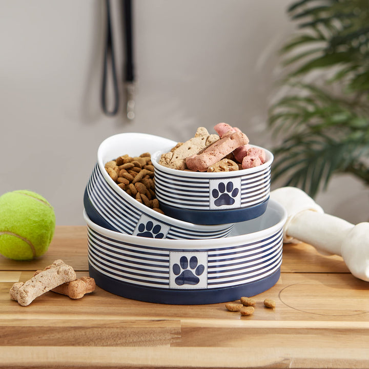 Bone Dry Paw & Patch Ceramic Pet Collection, Small Set, 4.25x2", Nautical Blue, 2 Piece Small Bowl Set, 4.25x2"