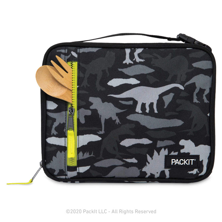 PackIt Freezable Classic Lunch Box, Dino Camo Charcoal, Built with EcoFreeze Technology, Collapsible, Reusable, Zip Closure With Zip Front Pocket and Buckle Handle, Perfect for School Lunches