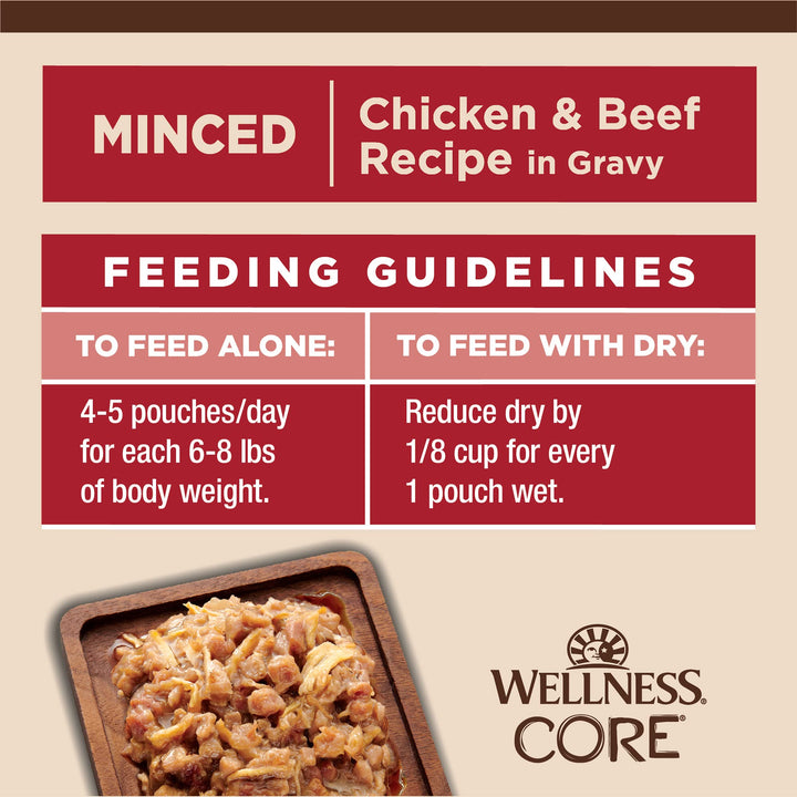 Wellness CORE Tiny Tasters Wet Cat Food, Complete & Balanced Natural Pet Food, Made with Real Meat, 1.75-Ounce Pouch, 12 Pack (Adult Cat, Minced Chicken & Beef in Gravy) 1.75 Ounce (Pack of 12)