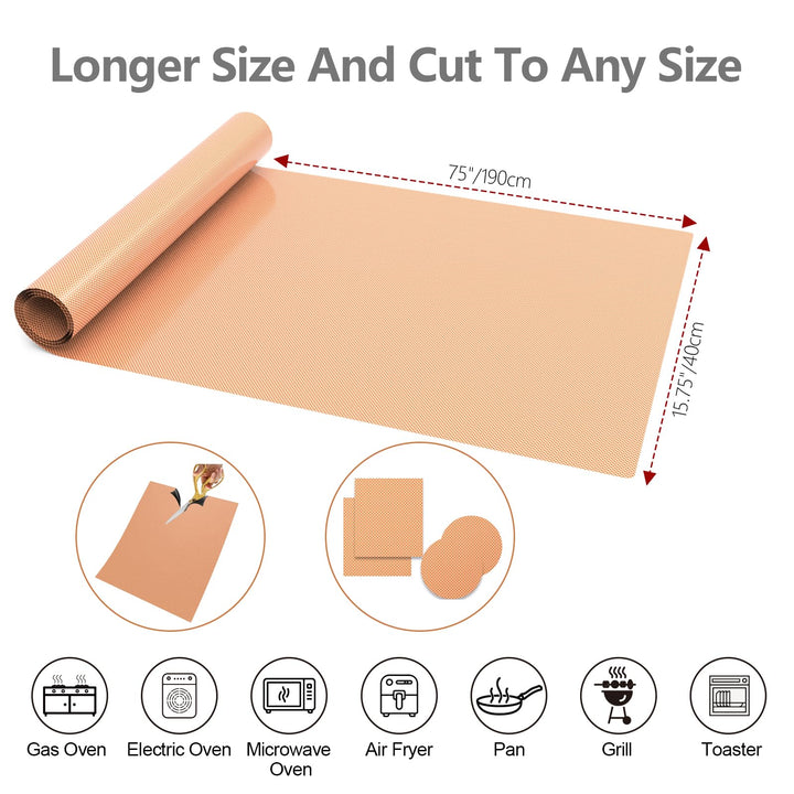 Cut to Size 16''x75'' (1,200 sq. inches) Oven Liners for Bottom of Oven, Non Stick Teflon Baking Mats, Reusable Kitchen Accessories for Gas Toaster Oven, Grills, Air Fryer Liners Copper 75 Inch Roll