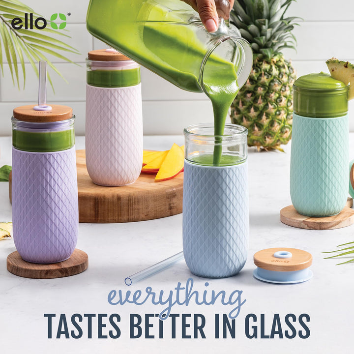 Ello Devon Glass Tumbler with Splash Proof Wooden Lid and Straw, Protective No Sweat Silicone Sleeve, Perfect for Smoothies and Iced Coffee, BPA Free, Dishwasher Safe, White, 18oz