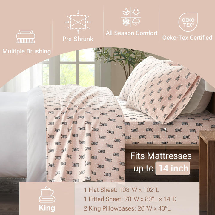 Sleep Philosophy True North Cozy Flannel Warm 100% Cotton Sheet - Novelty Print Animals Stars Cute Ultra Soft Cold Weather Bedding Set, Queen, Aqua Dots 4 Piece