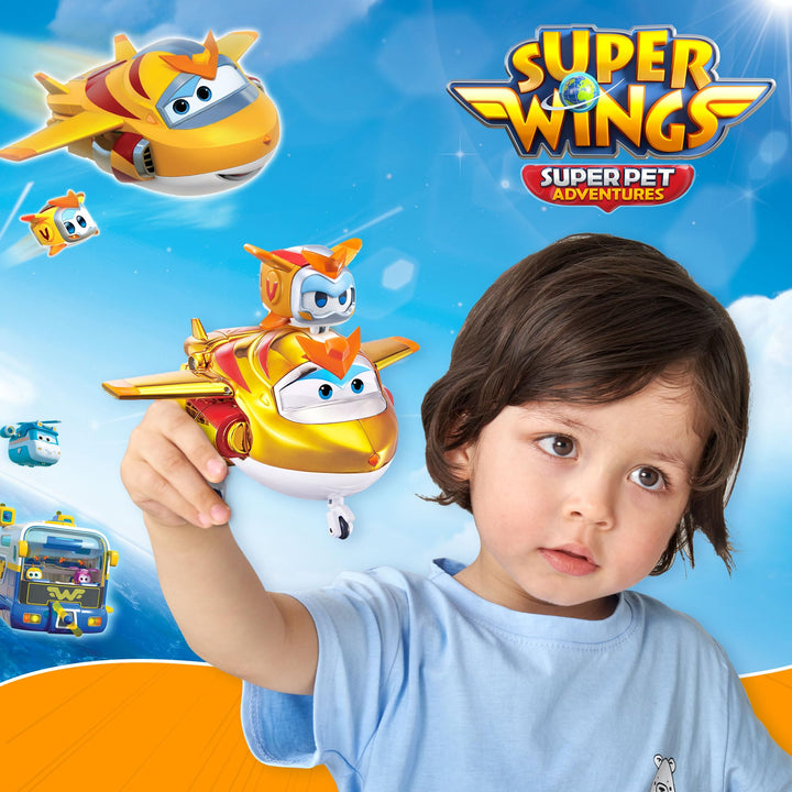 Super Wings - 5" Transforming 2-Pack Supercharged Golden Boy & Super Pet Airplane Toys | New from Season 7 | Airplane to Robot | Preschool Birthday Gifts for 3 4 5 Year Old Kids | with Light Effect