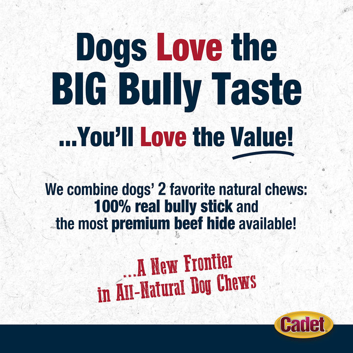 Cadet Bully Hide Sticks for Dogs - All-Natural Bully Stick & Beef Hide Dog Chews - Long Lasting Bully Sticks Alternative Made with 2 Ingredients - Dog Chews for Aggressive Chewers, Large (7 Count) 7 Count