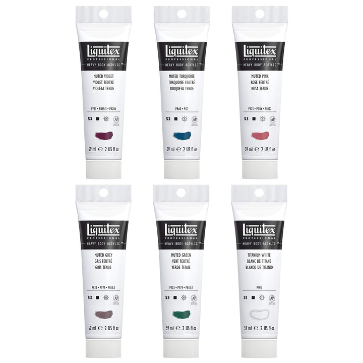 Liquitex Professional Heavy Body Acrylic Paint, 6 x 59ml (2-oz), Muted Collection + White Muted Set 6 x 59ml (2-oz) Paint Set