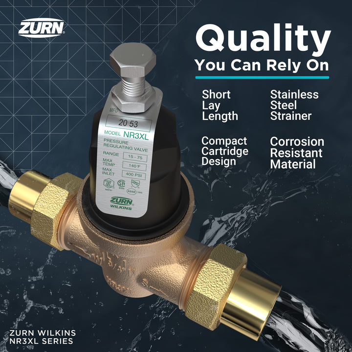 Zurn Wilkins 1-NR3XLDUC 1" NR3XL Pressure Reducing Valve with Double Union FNPT Copper Sweat Connection 1 Inch