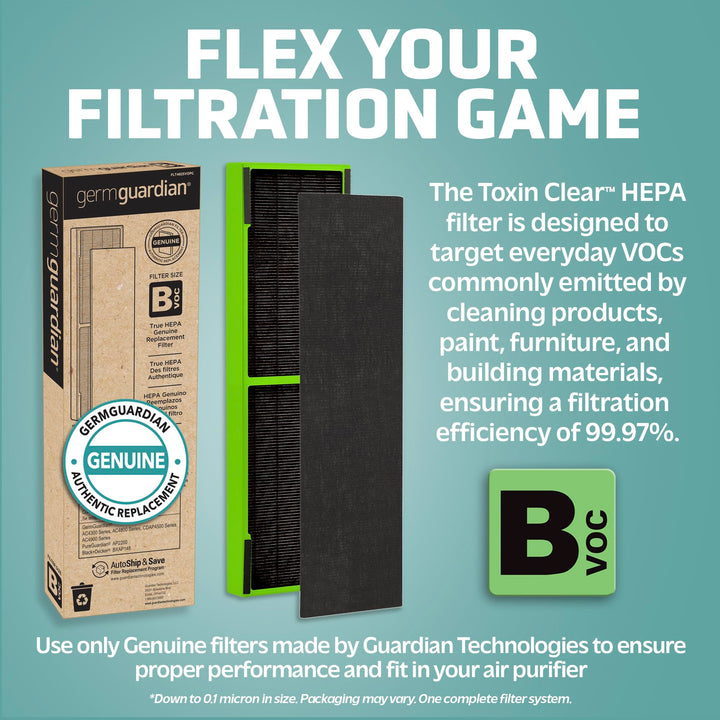 GermGuardian Filter B Toxin Clear HEPA Genuine Replacement Filter, Removes 99.97% of Pollutants, Common VOCs, Household Toxins, AC4825, AC4800 Series, AC4900, CDAP4500, AP2200, Black/Green, FLT4825VO FLT4825 TOXIN CLEAR