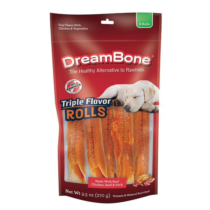 DreamBone Triple Flavor Rolls 6 Count, Rawhide-Free Chews for Dogs 9.5 Ounce (Pack of 1) Spirals