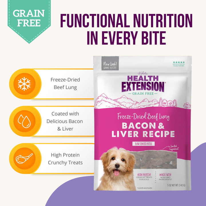 Health Extension Freeze Dried Dog Treat, Gluten & Grain-Free, Puppy Training Treats, Bacon and Liver (5 Oz / 142 g) Bacon & Liver