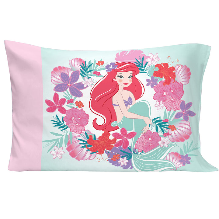 Disney Ariel Sea Garden 4 Piece Toddler Bed Set - Comforter, Fitted Sheet, Flat Top Sheet, Reversible Standard Size Pillowcase, Pink and Aqua Disney Ariel