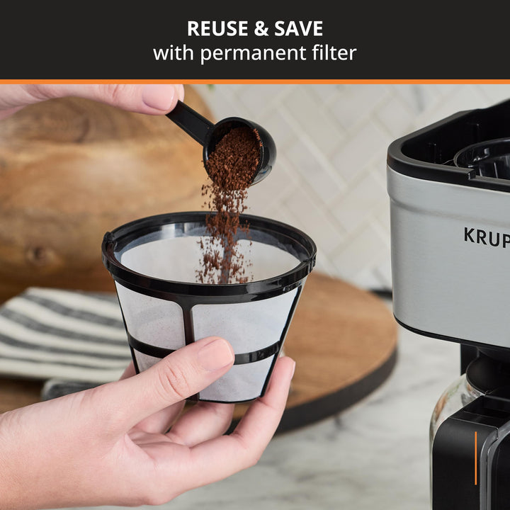 Krups Coffee Maker 10 Cups Digital Simply Brew Stainless Steel Drip Coffee Maker 900 Watts Digital Control, Coffee Filter, Drip Free, Dishwasher Safe Pot Silver and Black 10-Cup Glass & Digital