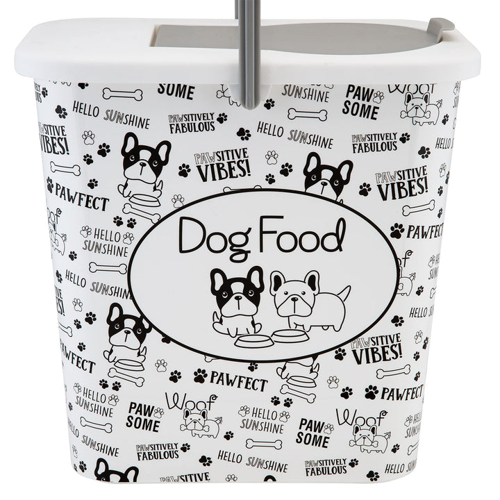 3 Gallon Pet Dry Food Container with Scooper | Dog Food Organizer | Helps Organize Pantry and Cabinets | Dog & Puppy Print Design | Carrying Handle | Flip Top Lid,White