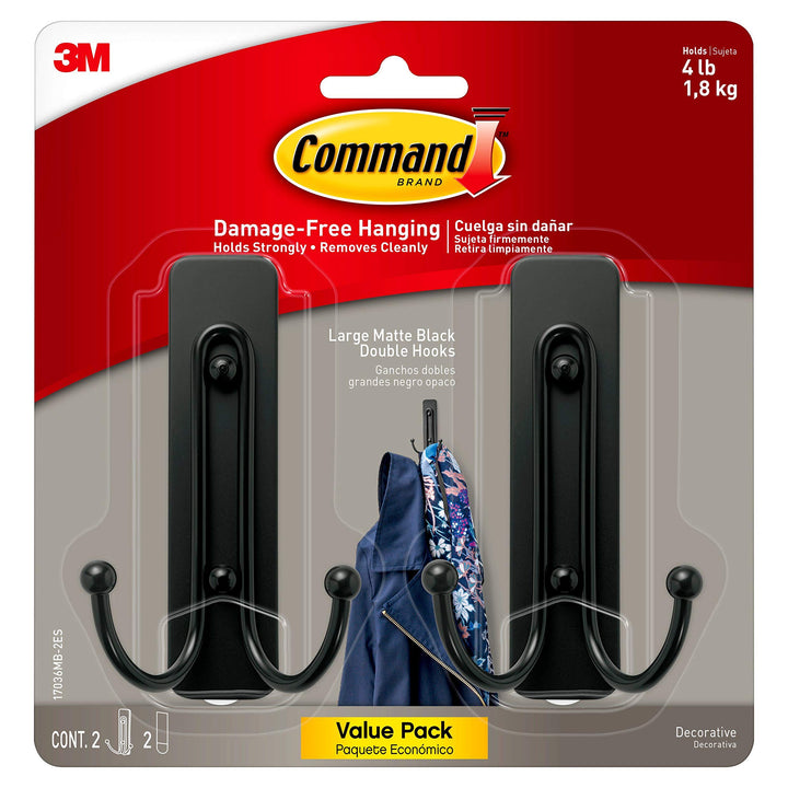 Command Large Wall Hooks with Adhesive Strips, No Tools, Damage Free Plastic Double Hooks for Hanging Decorations in Living Spaces, Black, 2 Hooks and 2 Command Strips, 2 Count (Pack of 1) Matte Black