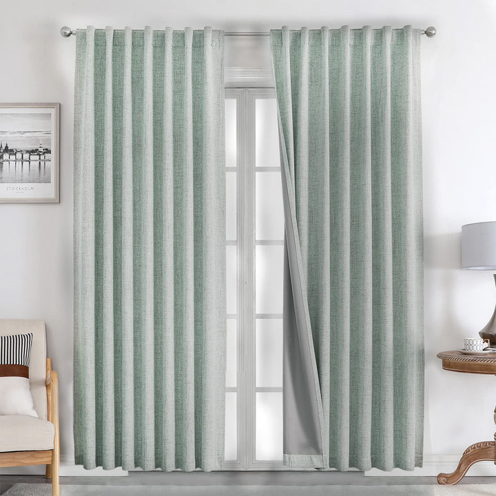 Joydeco 100% Black Out Curtains 63 inch Long 2 Panels Burg Natural Blackout Linen Drapes for Bedroom Living Room Darkening Curtain Thermal Insulated Back tab Rod Pocket(37x63 inch,Sage Green) Sage Green 37"W x 63"L (Pack of 2)