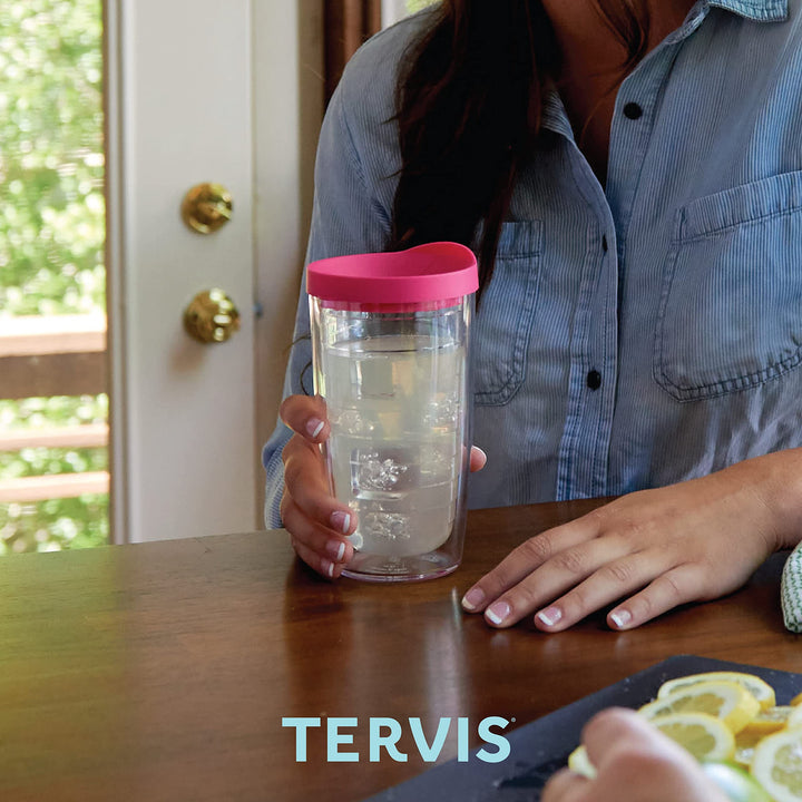 Tervis Clear & Colorful Lidded Made in USA Double Walled Insulated Tumbler Travel Cup Keeps Drinks Cold & Hot, 16oz, Red Lid