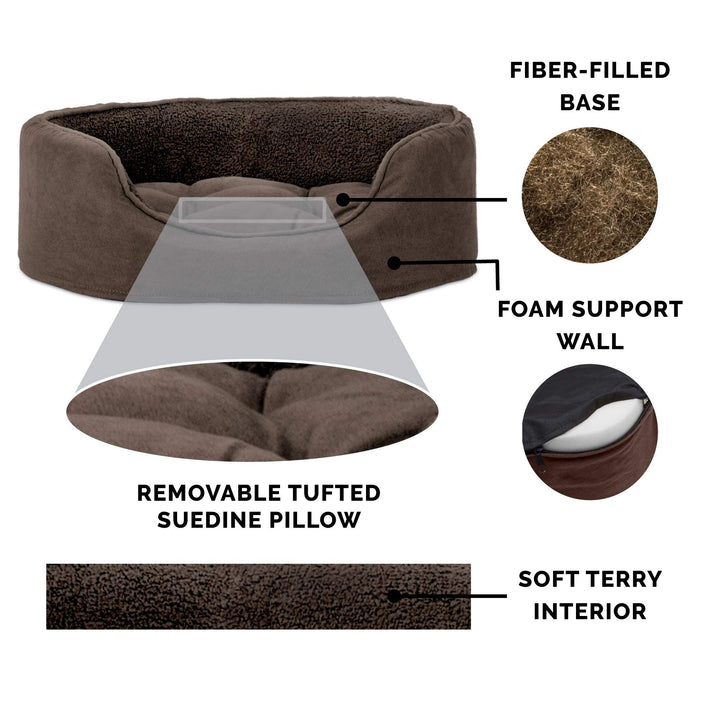 Furhaven Dog Bed for Medium/Small Dogs w/ Removable Washable Cover & Reversible Pillow Cushion Insert, For Dogs Up to 18 lbs - Terry & Suede Oval Lounger - Espresso, Medium