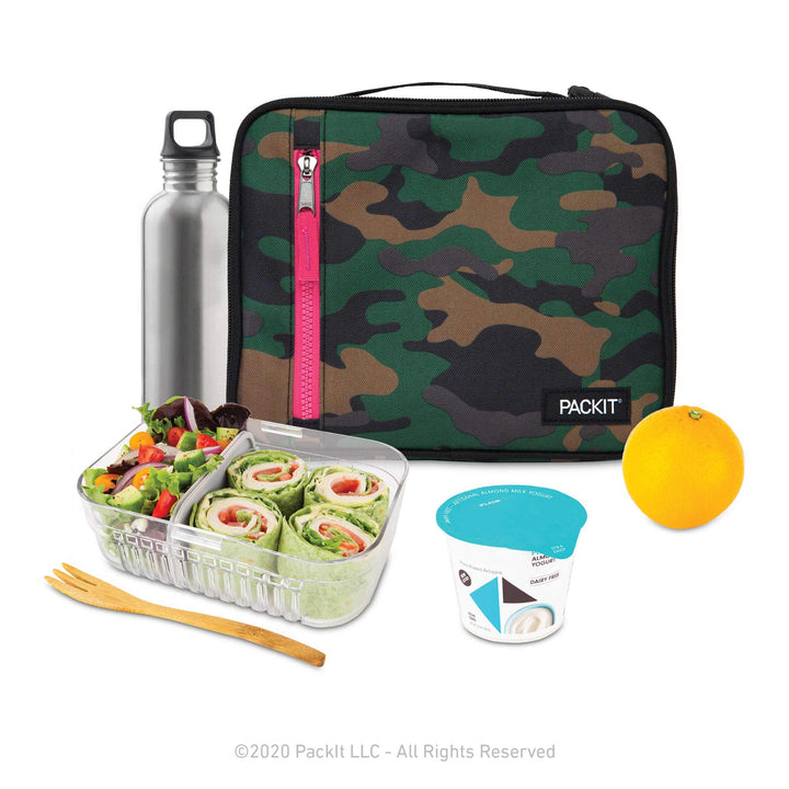 PackIt Freezable Classic Lunch Box, Camo Hot Pink, Built with EcoFreeze Technology, Collapsible, Reusable, Zip Closure With Zip Front Pocket and Buckle Handle, Designed for Lunches Camo with Hot Pink Trim