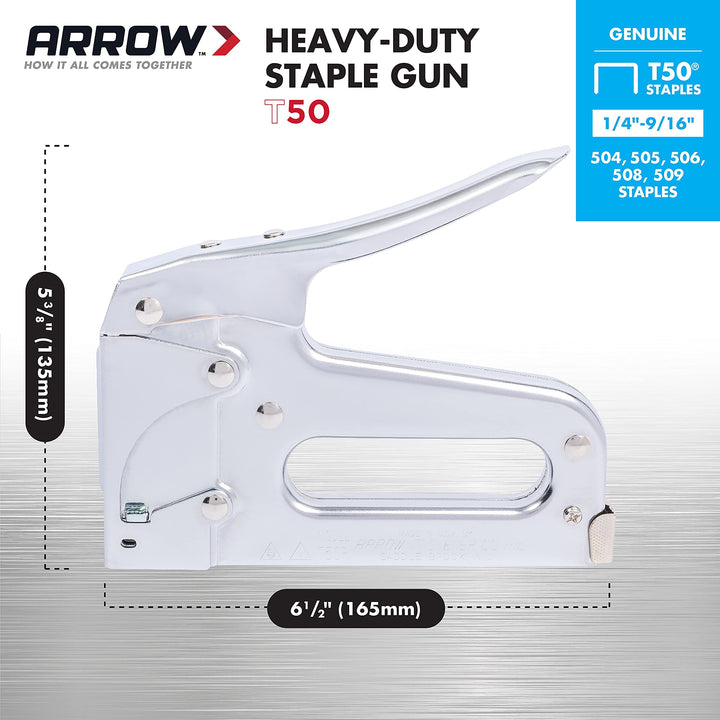 Arrow T50 Heavy Duty Staple Gun for Upholstery, Wood, Crafts, DIY and Professional Uses, Manual Stapler Uses 1/4, 5/16, 3/8", 1/2", or 9/16 Staples