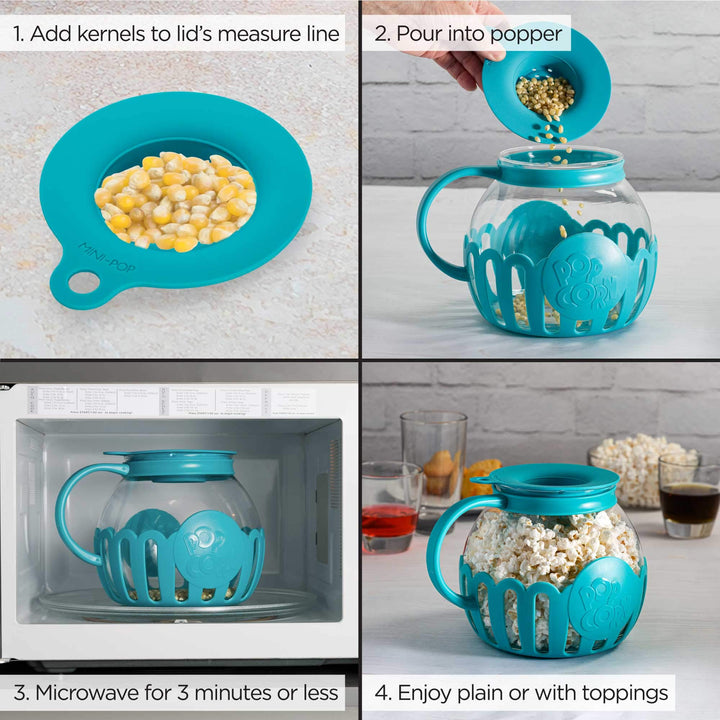 Ecolution Patented Micro-Pop Microwave Popcorn Popper with Temperature Safe Glass, 3-in-1 Lid Measures Kernels and Melts Butter, Made Without BPA, Dishwasher Safe, 3-Quart, Teal 3-Quart Family Size