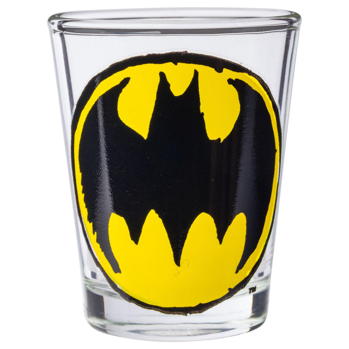 Silver Buffalo DC Comics Superhero Logos Mini Glasses 4 Pack Featuring Flash, Superman, Wonder Woman, and Batman, 1.5 Ounces Comics Sketch Logos