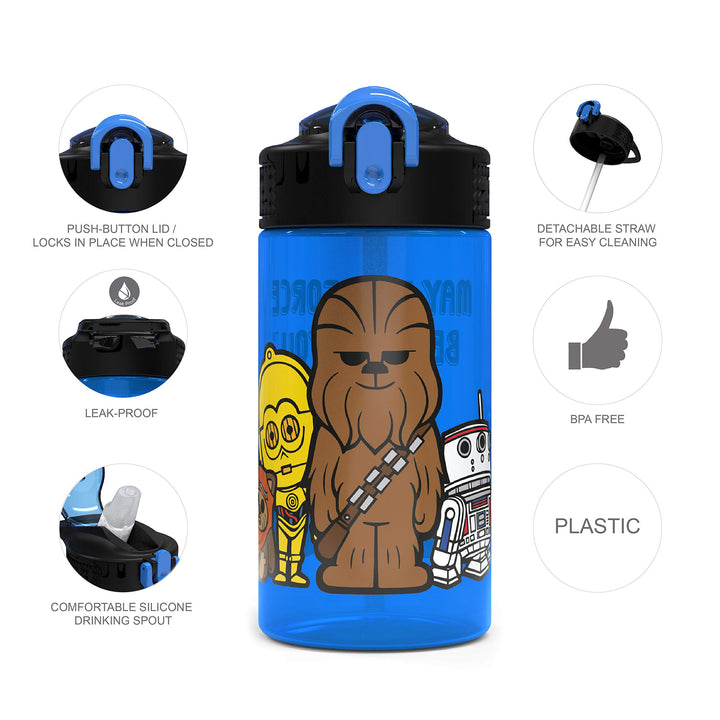 Zak Designs PP Park Straw Kids Durable Plastic Spout Cover and Built-in Carrying Loop, Leak-Proof Water Design for Travel, (16oz, 2pc Set), 2 Count (Pack of 1), Darth Vader Bottle 2pk 2 Count (Pack of 1)