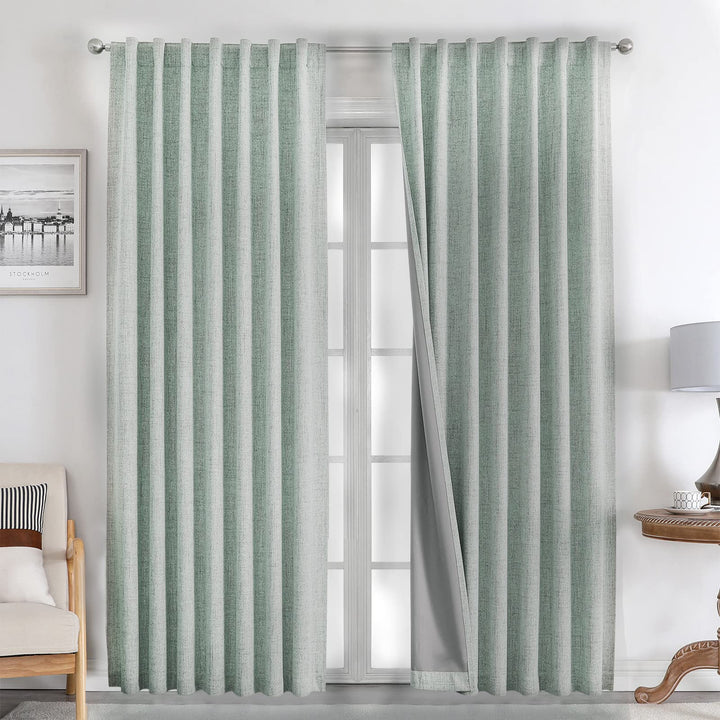 Joydeco 100% Black Out Curtains 63 inch Long 2 Panels Burg Natural Blackout Linen Drapes for Bedroom Living Room Darkening Curtain Thermal Insulated Back tab Rod Pocket(37x63 inch,Sage Green) Sage Green 37"W x 63"L (Pack of 2)