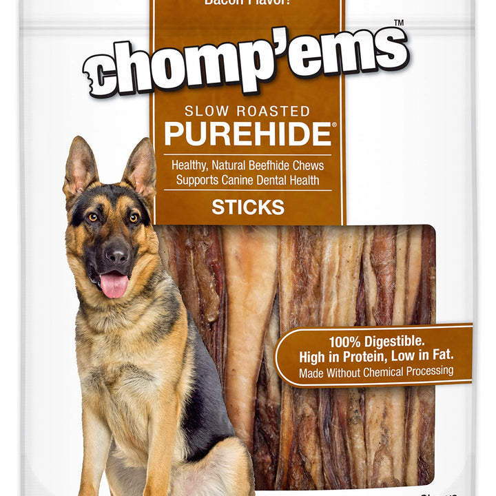 CHOMP 'EMS Purehide Chews - Slow Roasted Naturally Delicious Rawhide Dog Treats - High Protein Beef Hide - Bacon Flavor, Sticks, 8.5 Oz.