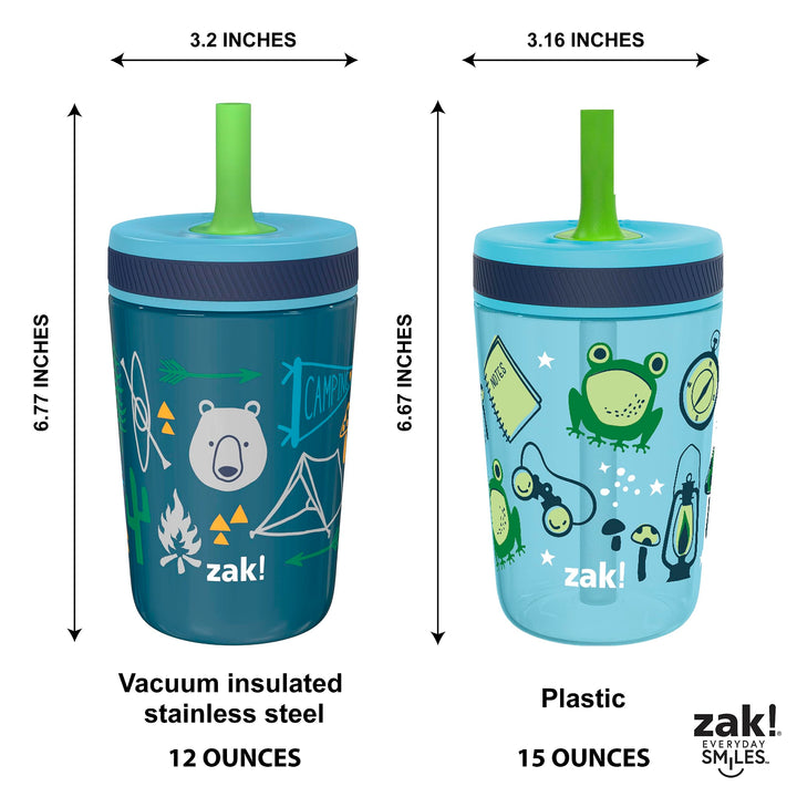 Zak Designs Campout and Camping Kelso Tumbler Set, Leak-Proof Screw-On Lid with Straw, Bundle for Kids Includes Plastic and Stainless Steel Cups with Bonus Sipper, 3pc Set, Non-BPA,15 fl oz Classic