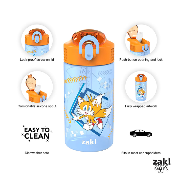 Zak Designs Sonic Kids' 2-Pack Leak-Proof Water Bottles With Straw, Handle and Pop-Up Spout Cover 2 Count (Pack of 1) Sonic the Hedgehog