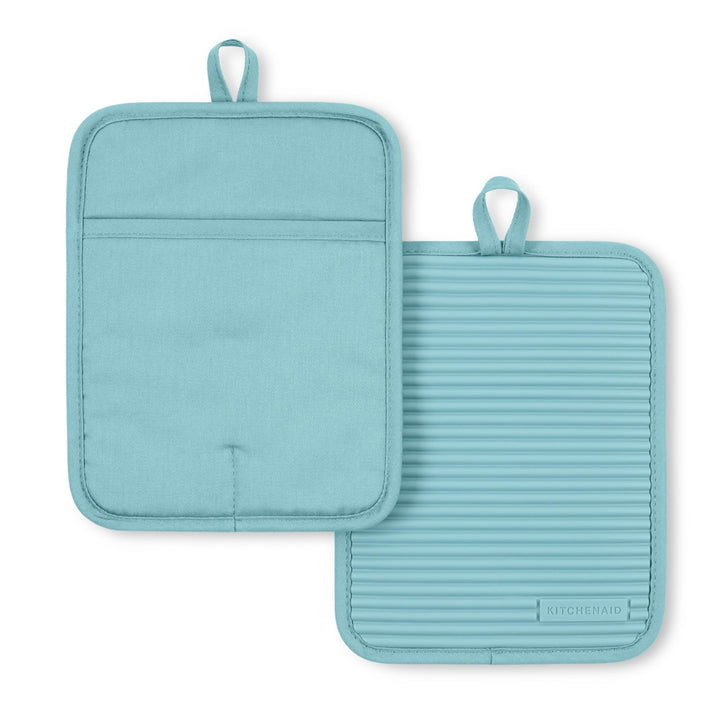 KitchenAid Ribbed Soft Silicone Pot Holder 2-Pack Set, Mineral Water Aqua, 7"x9" 7"x9" Holder Set