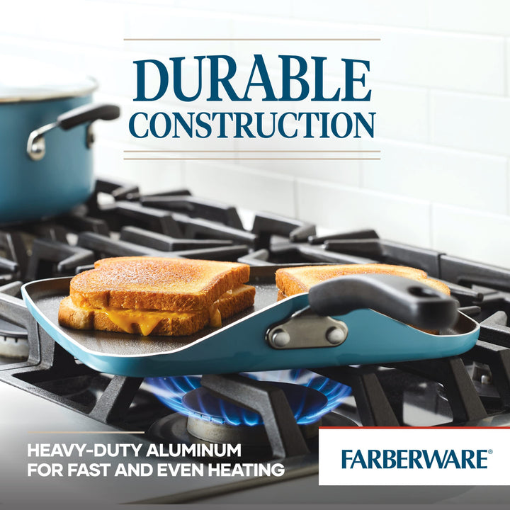 Farberware Cookstart DiamondMax Nonstick Square Deep Grill Pan/Griddle, Dishwasher Safe, 11 Inch - Aqua