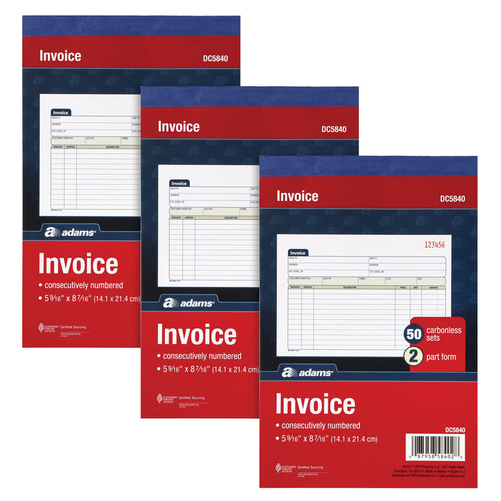 Adams Invoice Book 3 Pack, 2 Part Carbonless Invoices, Horizontal Sales Slip, 5-9/16 x 8-7/16 Inches, 50 Sets per Book (DC5840-3)