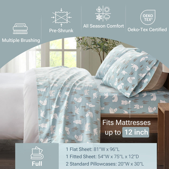 Sleep Philosophy True North Cozy Flannel Warm 100% Cotton Sheet - Novelty Print Animals Stars Cute Ultra Soft Cold Weather Bedding Set, Queen, Aqua Dots 4 Piece