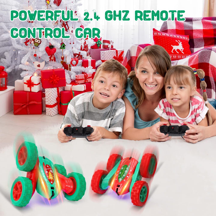 2PACK Christmas Style Remote Control Car RC Stunt Car for Kids,2.4Ghz High Speed Rock Crawler Vehicle,360 Rotating 4WD Off Road Double Sided Rotating Tumbling with 4 Rechargeable Battery，Red+Green