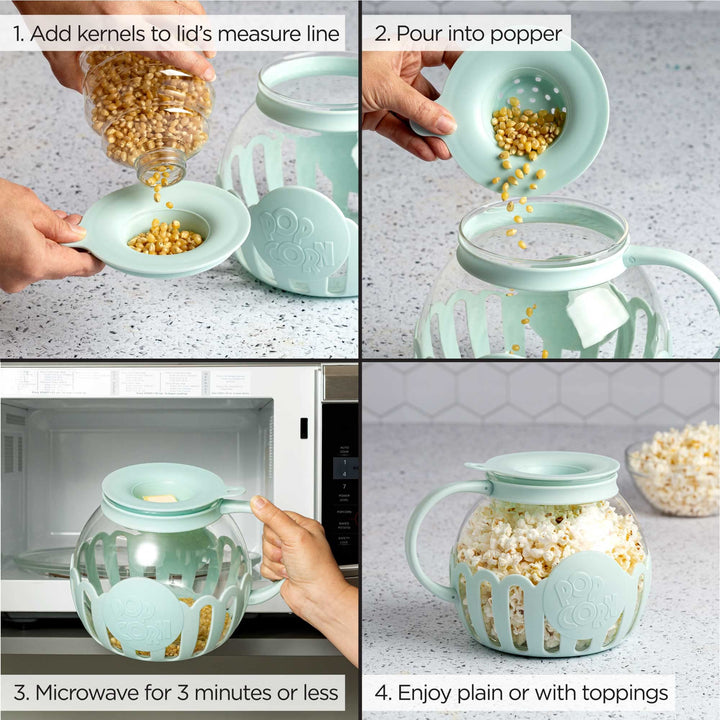 Ecolution Patented Micro-Pop Microwave Popcorn Popper with Temperature Safe Glass, 3-in-1 Lid Measures Kernels and Melts Butter, Made Without BPA, Dishwasher Safe, 3-Quart, Aqua