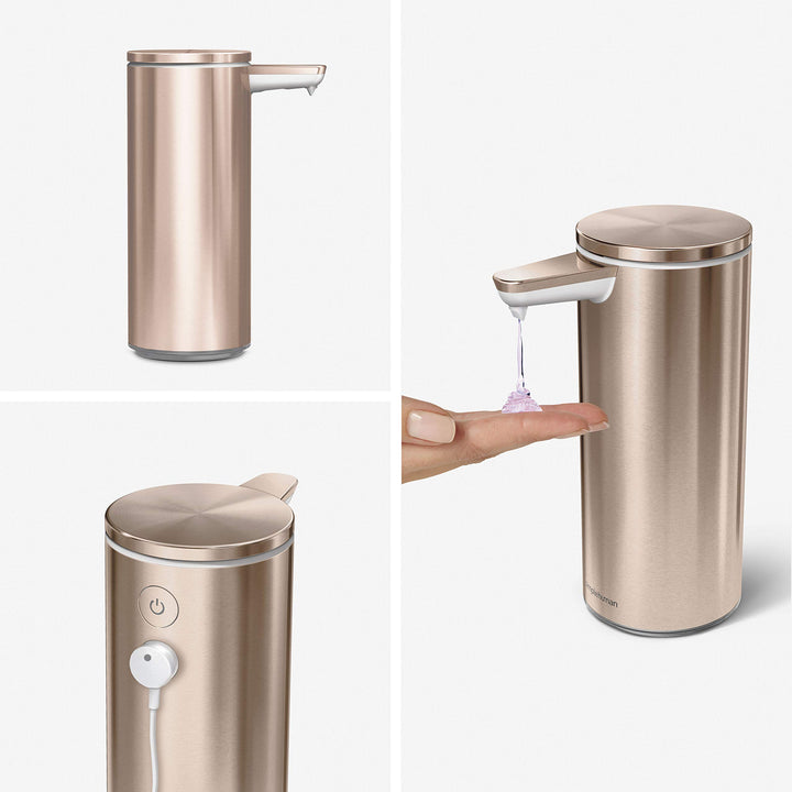 simplehuman 9 oz. Touch-Free Rechargeable Sensor Liquid Soap Pump Dispenser, Rose Gold Stainless Steel 9 oz. Rechargeable