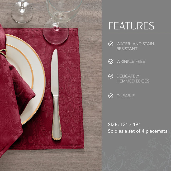 Elrene Home Fashions Caiden Elegance Damask Fabric Placemats (Set of 4), 13" x 19", Cranberry