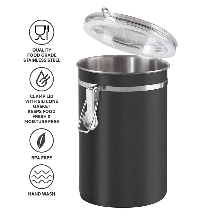 Oggi Stainless Steel Kitchen Canister 62 fl oz, Black - Airtight Clamp Lid, Clear See-Thru Top - Ideal for Kitchen Storage, Food Storage, Pantry Storage. Large Size 5" x 7.5".